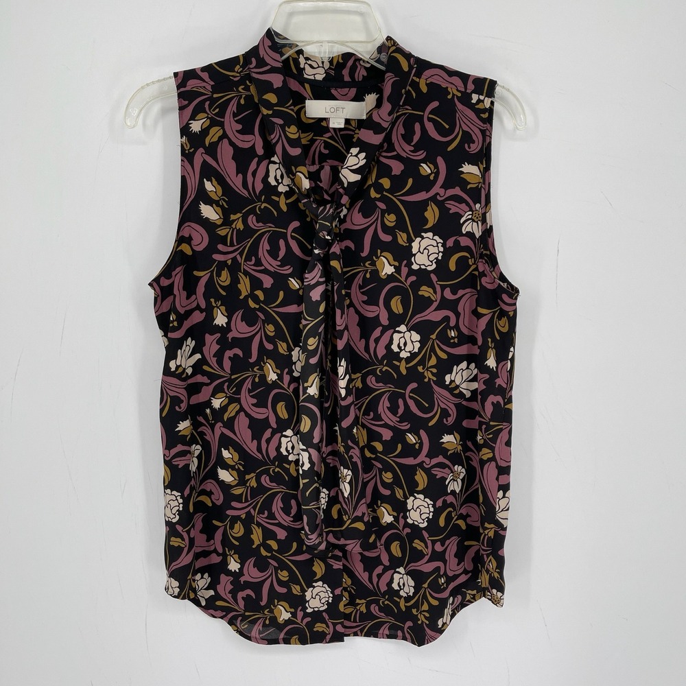LOFT Women's Black Floral Print Tie Neck Sleeveless Shell Tank Top Blouse Size M